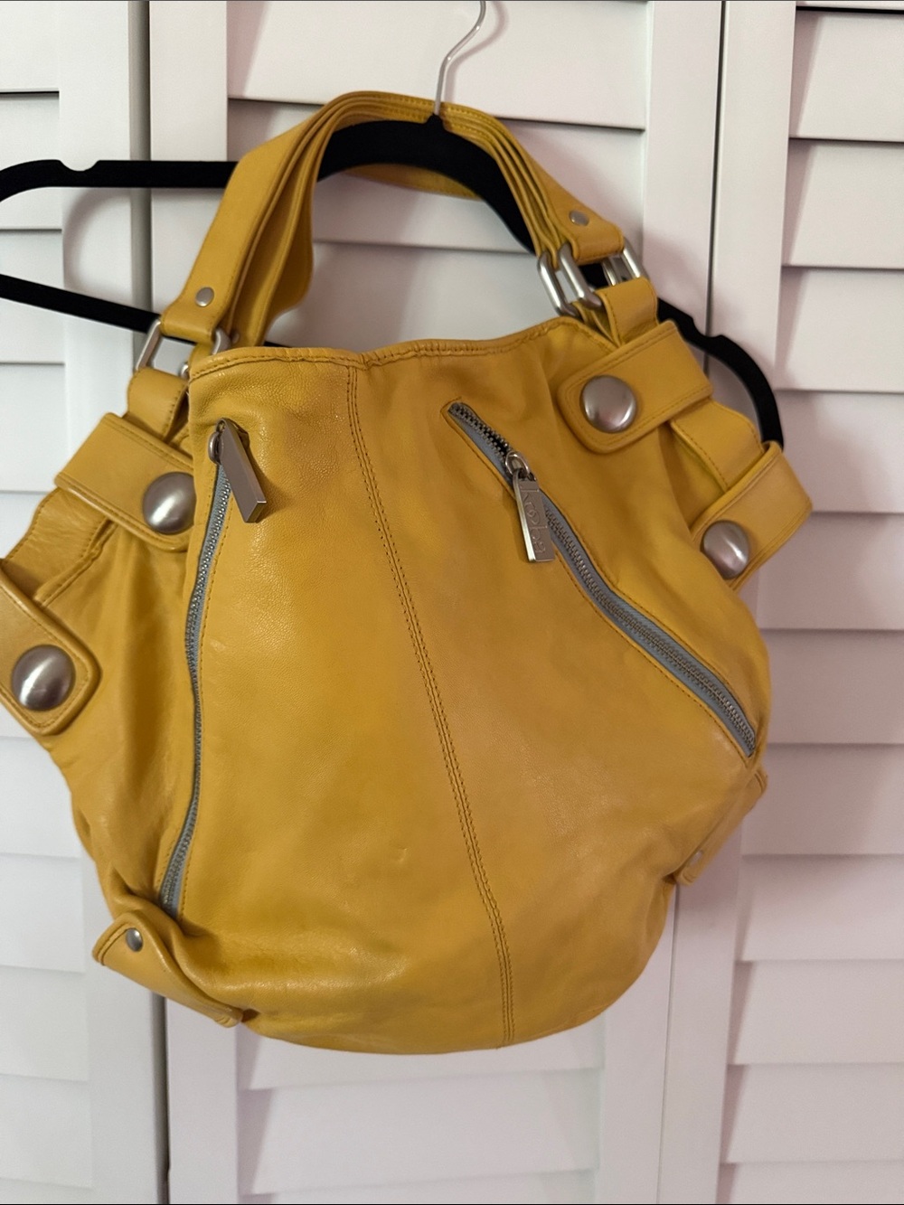 Kooba Mustard Yellow Leather Hobo Bag Oversized Hardware Boho Shoulder Tote